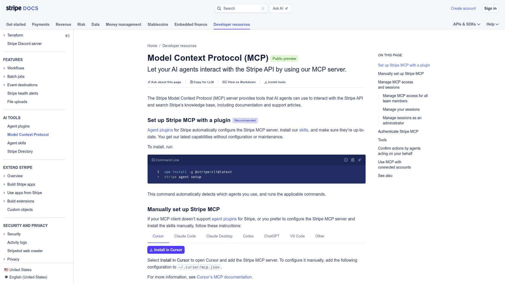 Stripe's Model Context Protocol docs page, with plugin setup and the agent skills sidebar, as taken from Stripe Docs