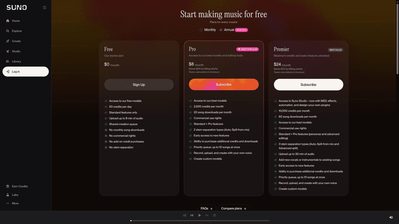 Suno pricing page with Free, Pro at $8 and Premier at $24 a month plans, as taken from Suno