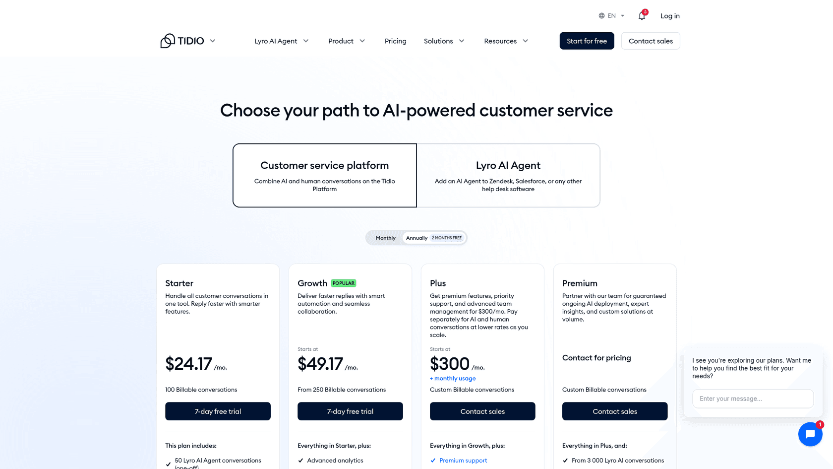 Tidio's pricing page showing the Starter, Growth, Plus, and Premium plans, as taken from Tidio.