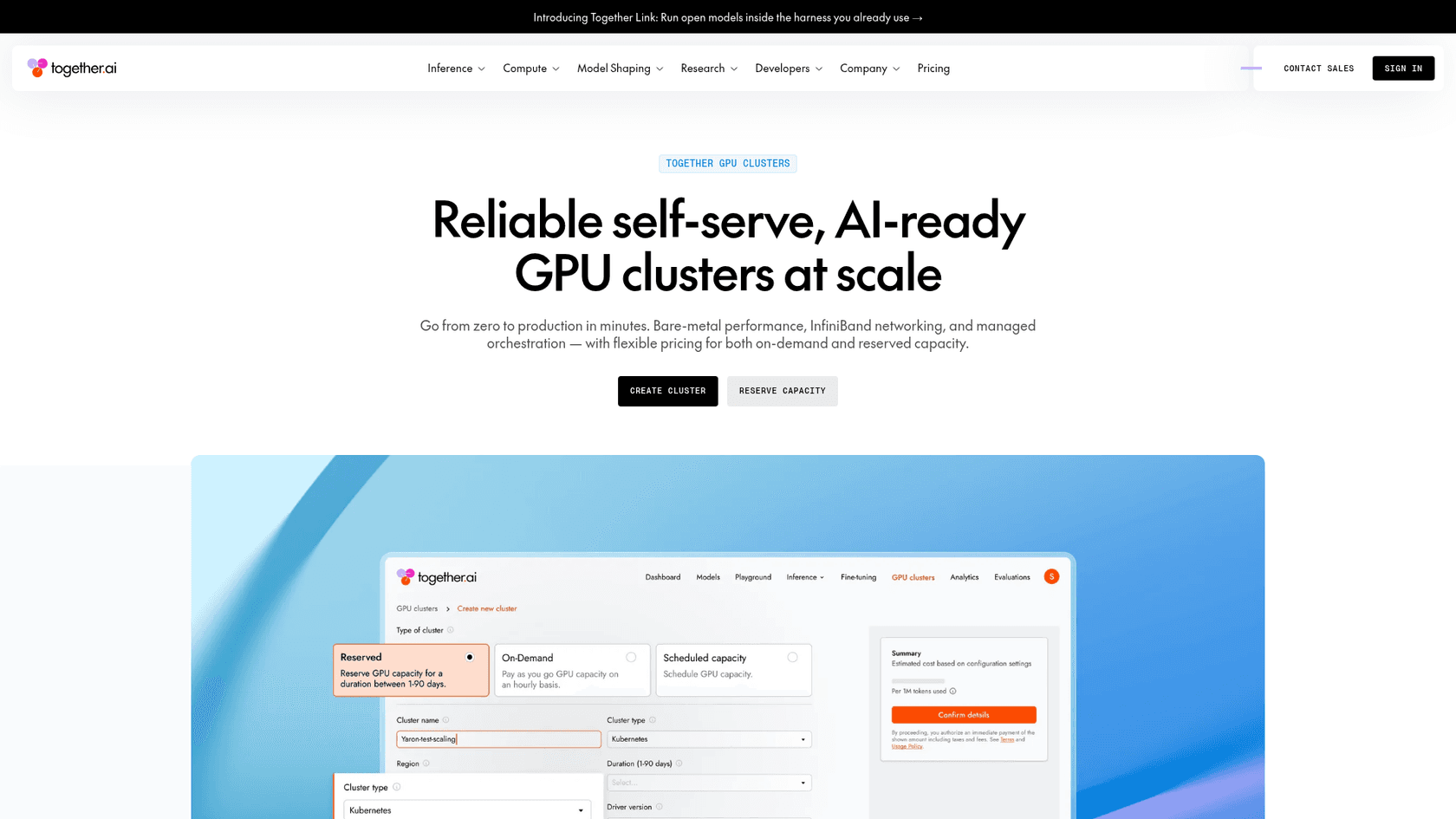 The Together AI GPU Clusters page, where on-demand or reserved capacity is configured, as taken from Together AI