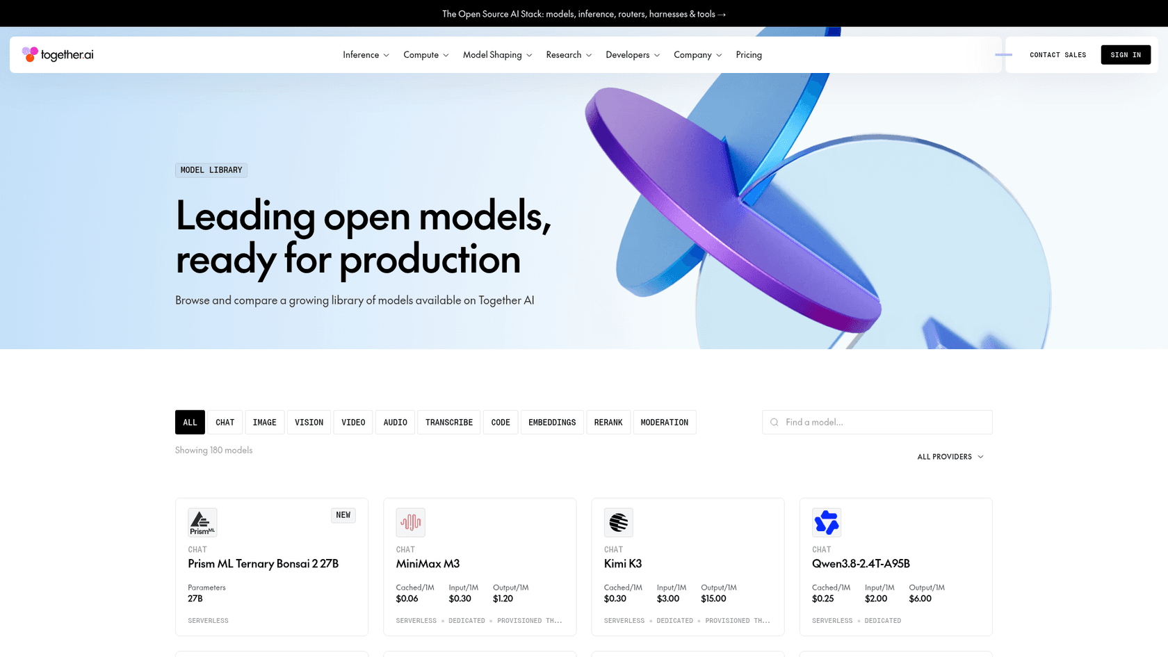 The Together AI model library, showing 180 models with their per-million-token prices, as taken from Together AI