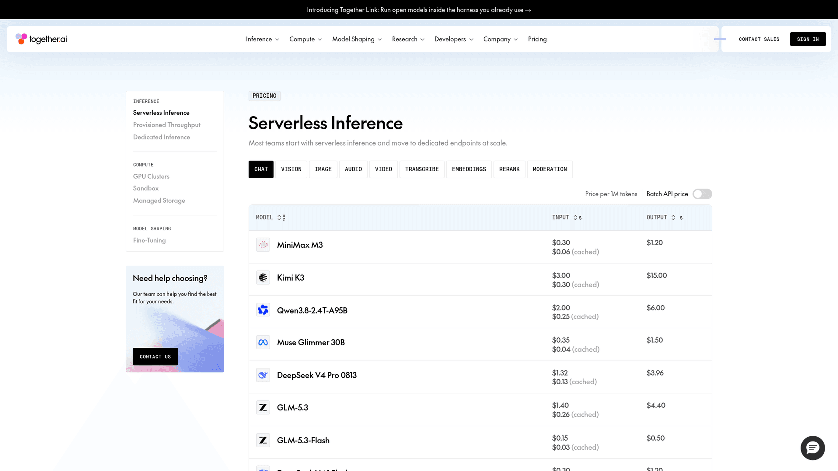 The Together AI pricing page, which starts with the serverless inference table, as taken from Together AI