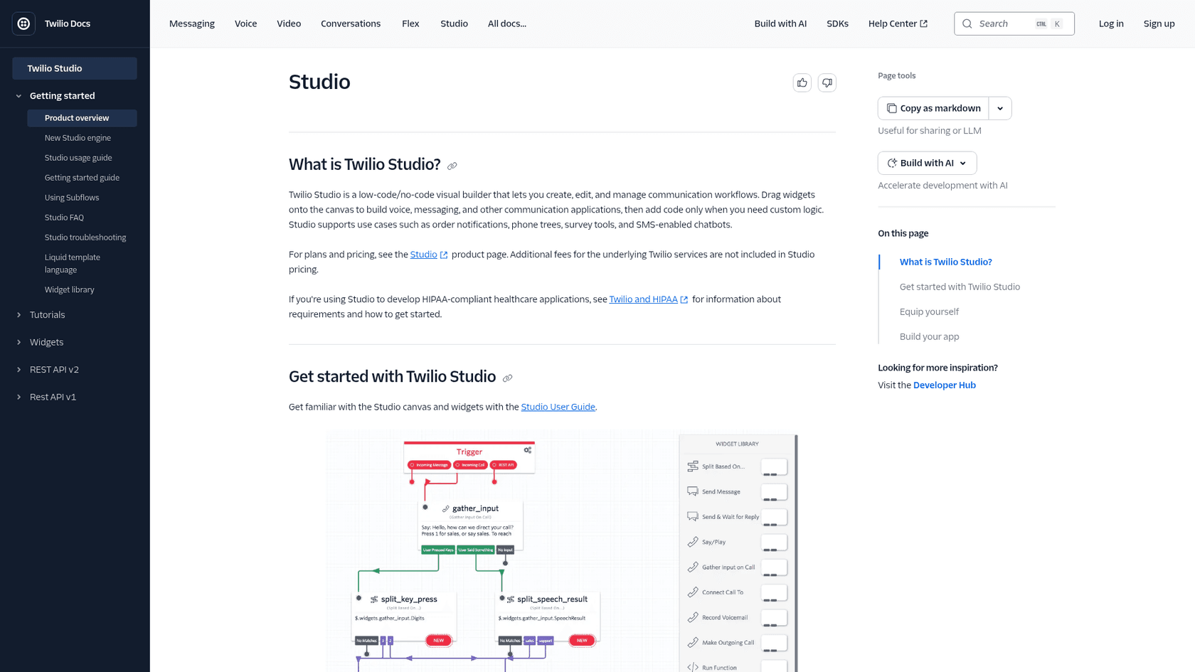 Twilio Studio canvas with a trigger, key-press and speech branches, and a widget library, as taken from Twilio's Studio docs