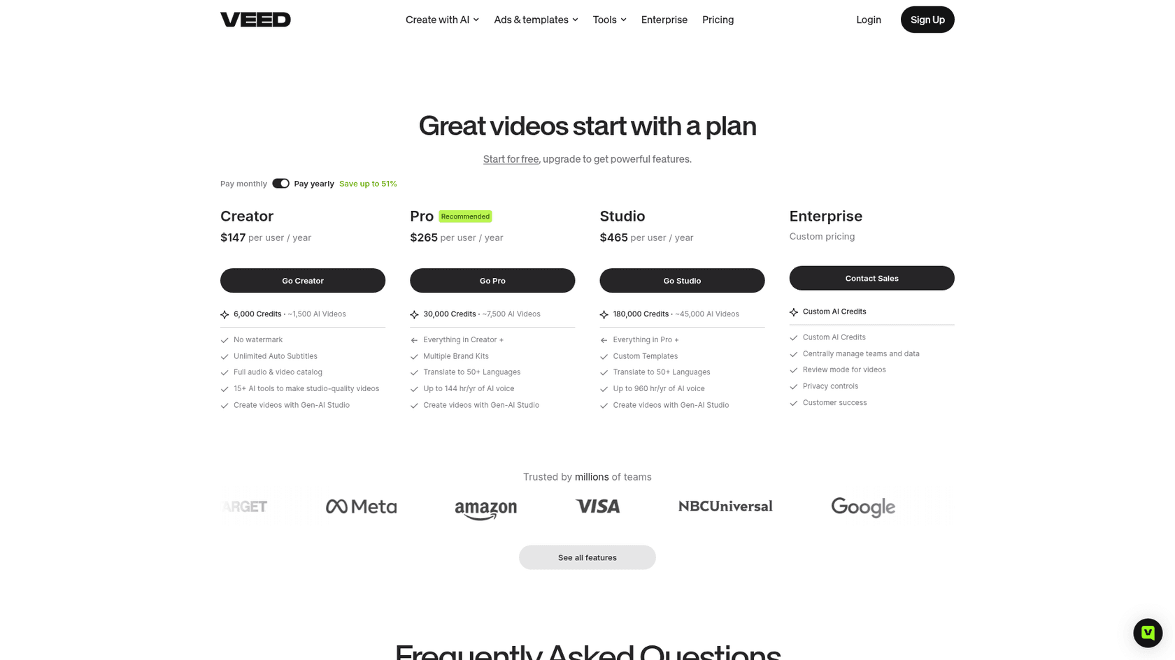 Veed's pricing page with the Creator, Pro, Studio, and Enterprise plans, as taken from Veed