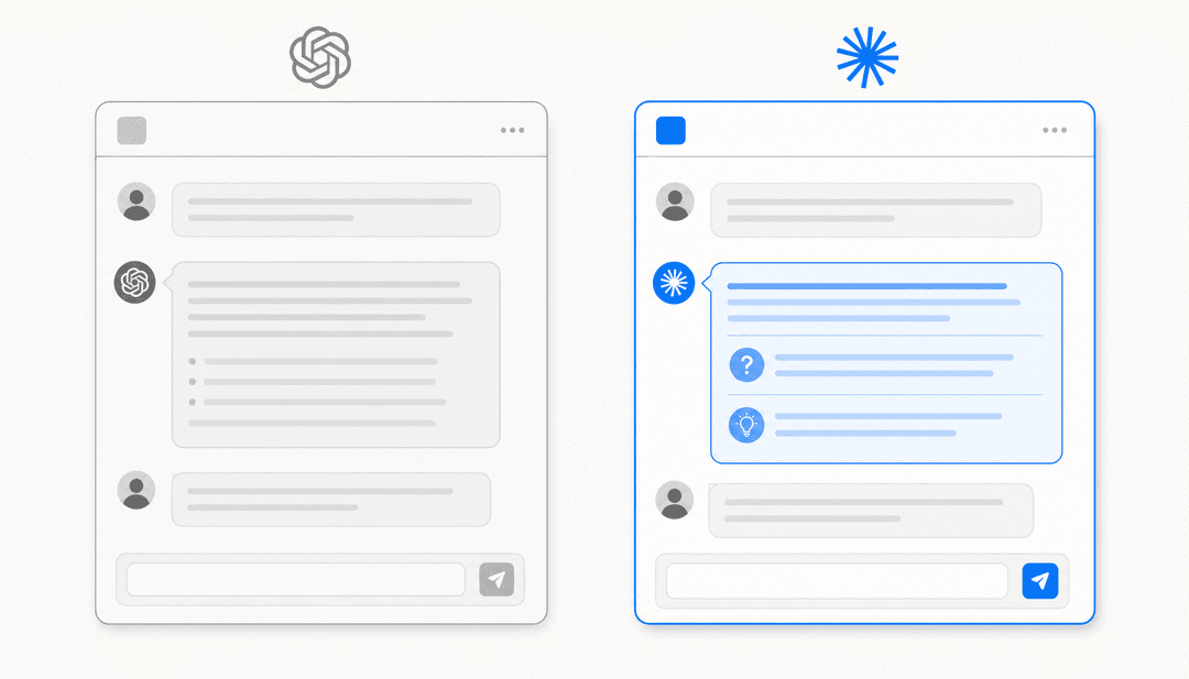 Two chat interface panels side by side on a warm off-white background - one showing an agreeable AI response, one showing Claude's thoughtful pushback, in a clean flat editorial illustration style