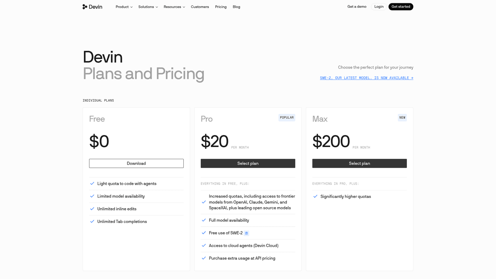 Screenshot of the Devin plans and pricing page showing the Free, Pro and Max plans that make up current Windsurf pricing, as taken from Devin