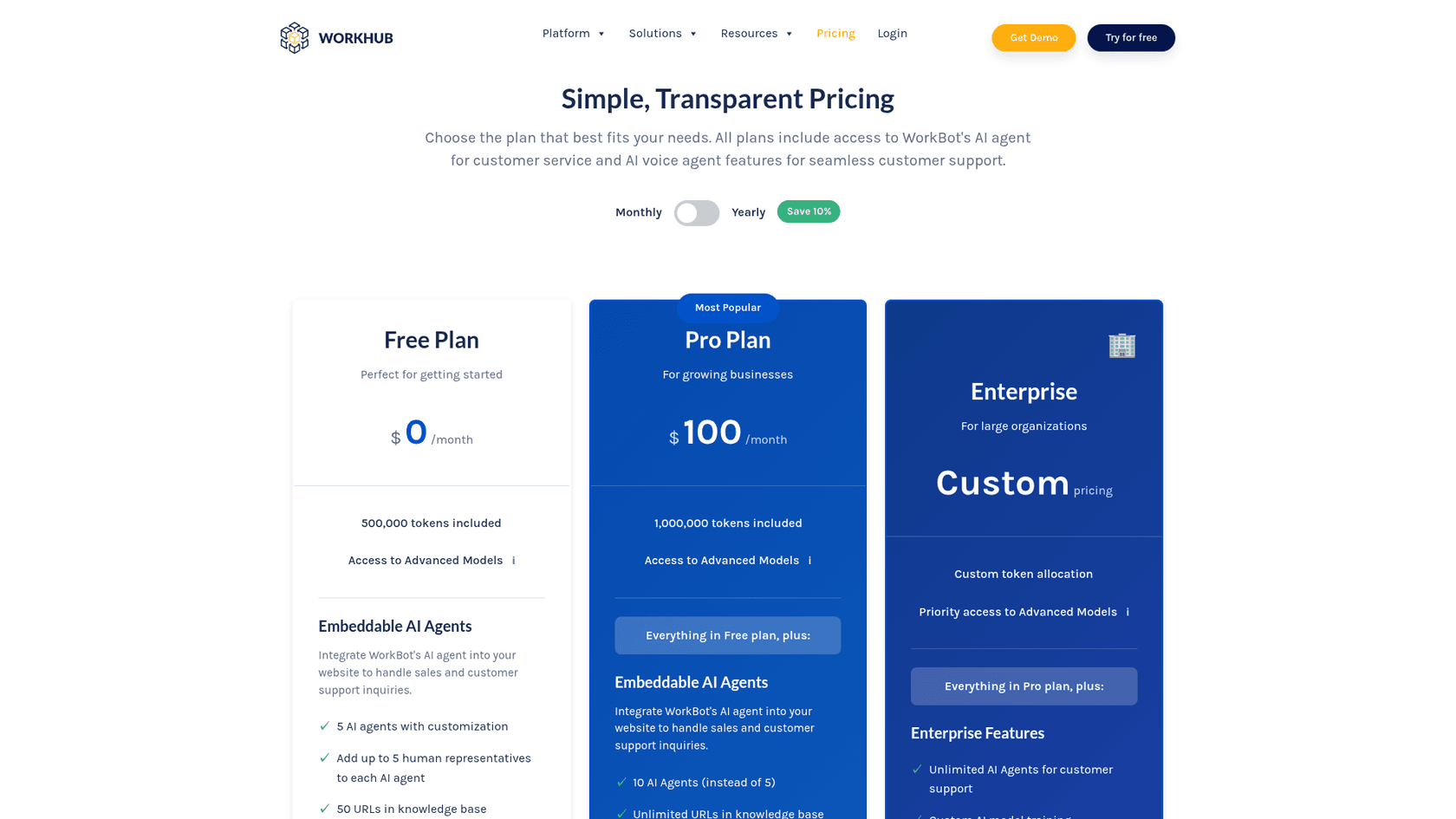 Workhub.ai pricing page with the Free, Pro and Enterprise plans, from Workhub