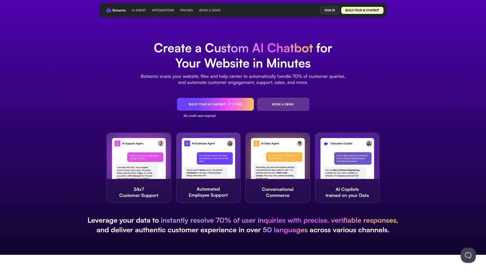Botsonic's landing page for its no-code website chatbot builder, as taken from Botsonic