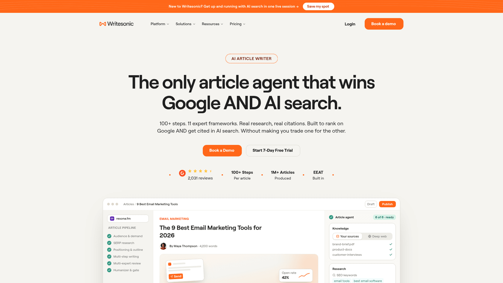 Writesonic AI Article Writer page, as taken from Writesonic's site