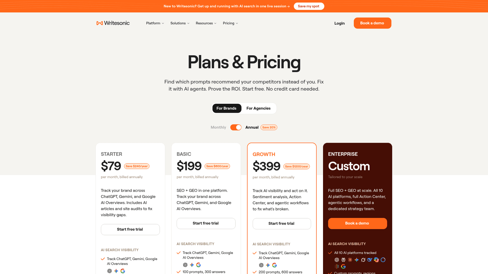 Writesonic's 2026 pricing page with Starter at $79, Basic at $199, Growth at $399 and custom Enterprise, as taken from Writesonic