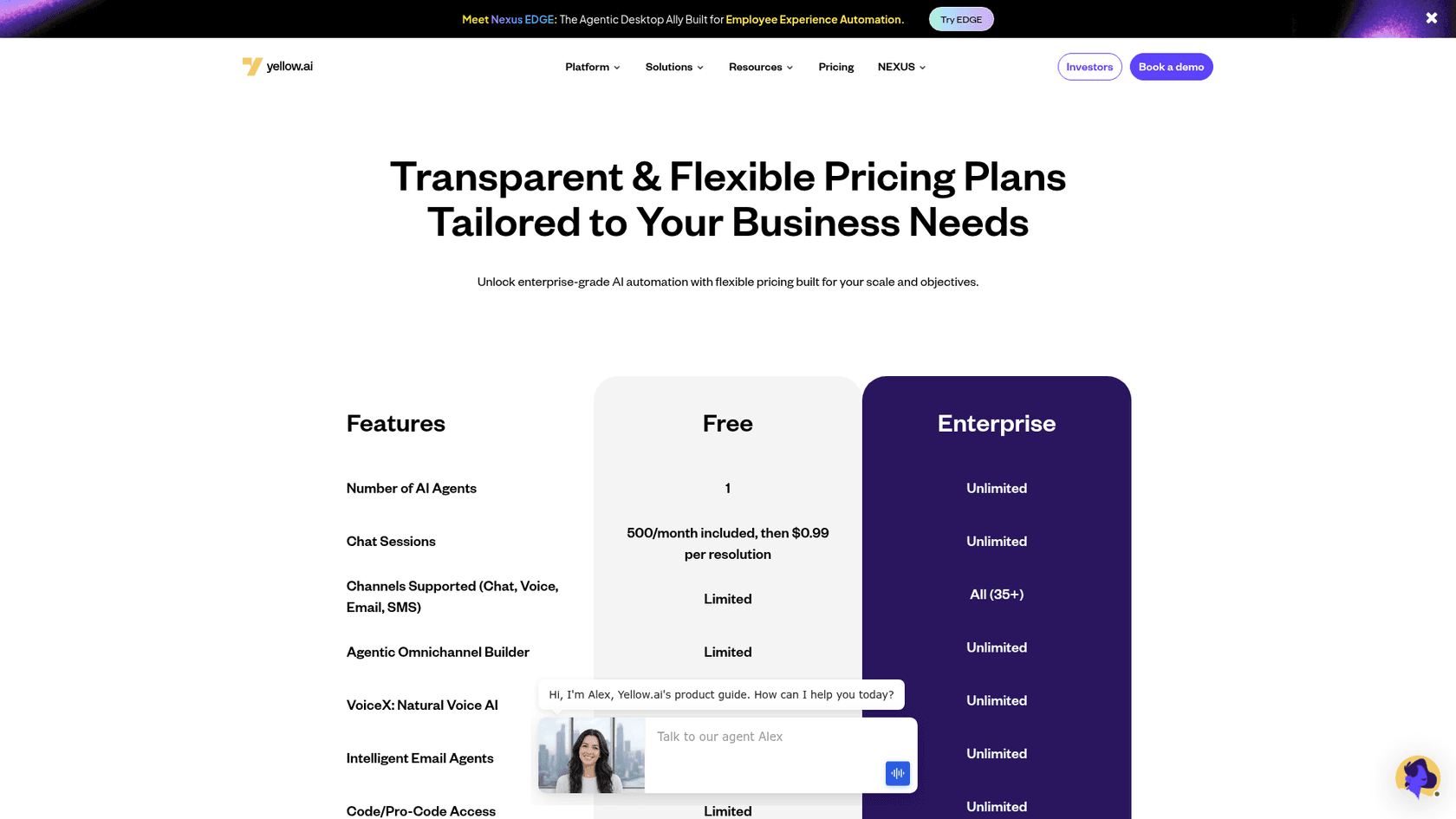 Yellow.ai's pricing page showing the Free plan at $0.99 per resolution after 500 monthly sessions, as taken from Yellow.ai