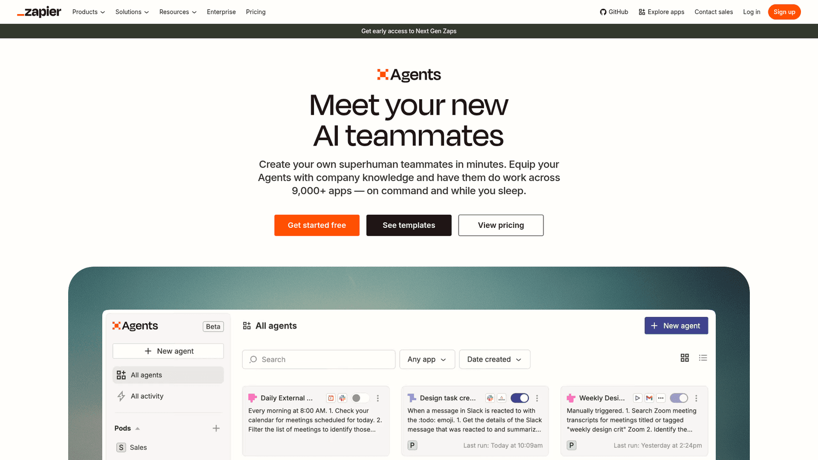 Zapier Agents landing page with the headline Meet your new AI teammates and the agents dashboard, as taken from Zapier