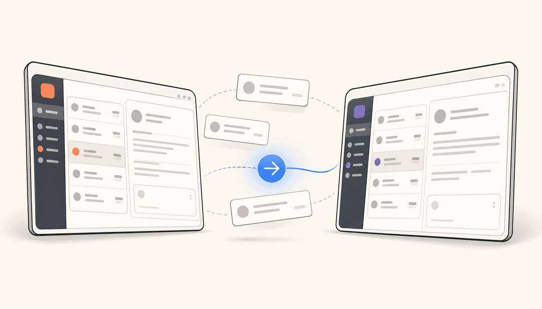 Two stylized helpdesk inbox panels facing each other with floating ticket cards and a single eesel-blue send arrow connecting them