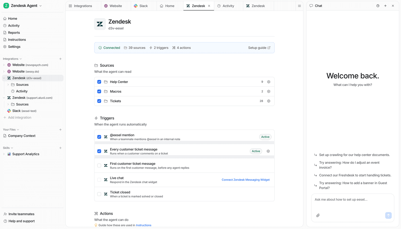 eesel AI dashboard showing connected Zendesk integration.