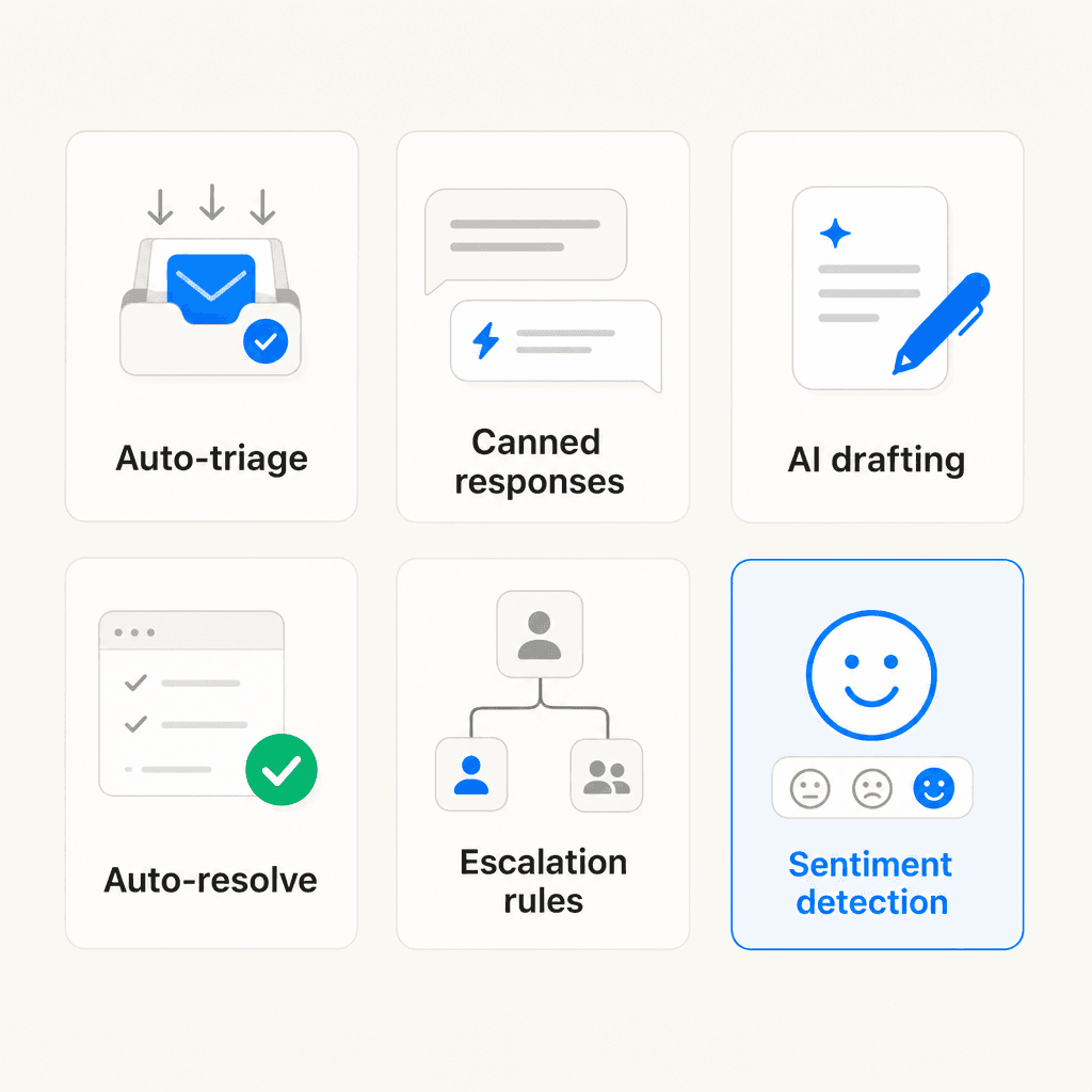 Six types of email support automation arranged in a grid: auto-triage, canned responses, AI drafting, auto-resolve, escalation rules, and sentiment detection