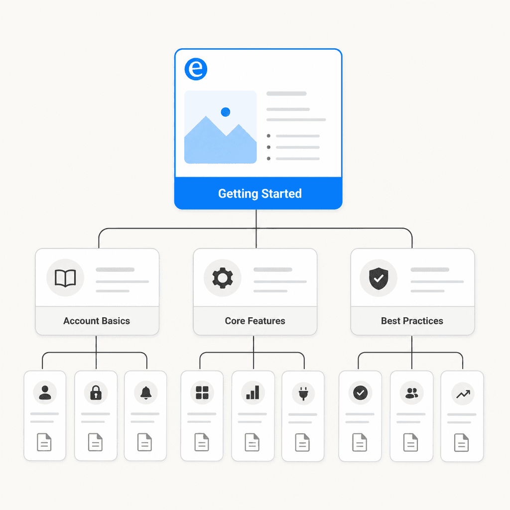 Knowledge base information architecture: top category branching into subcategories and articles