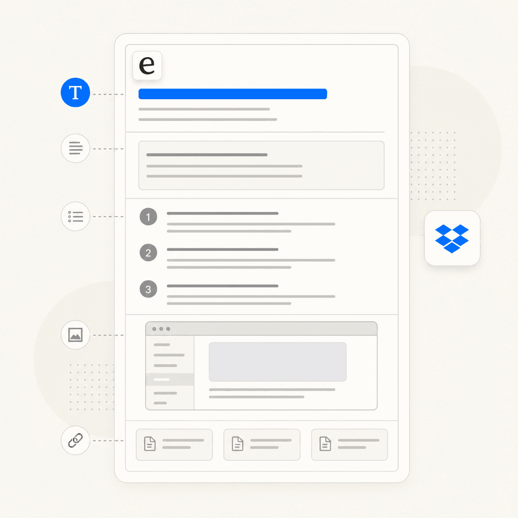 Anatomy of a knowledge base article: title, intro, prerequisites, numbered steps, screenshot placeholder, related articles