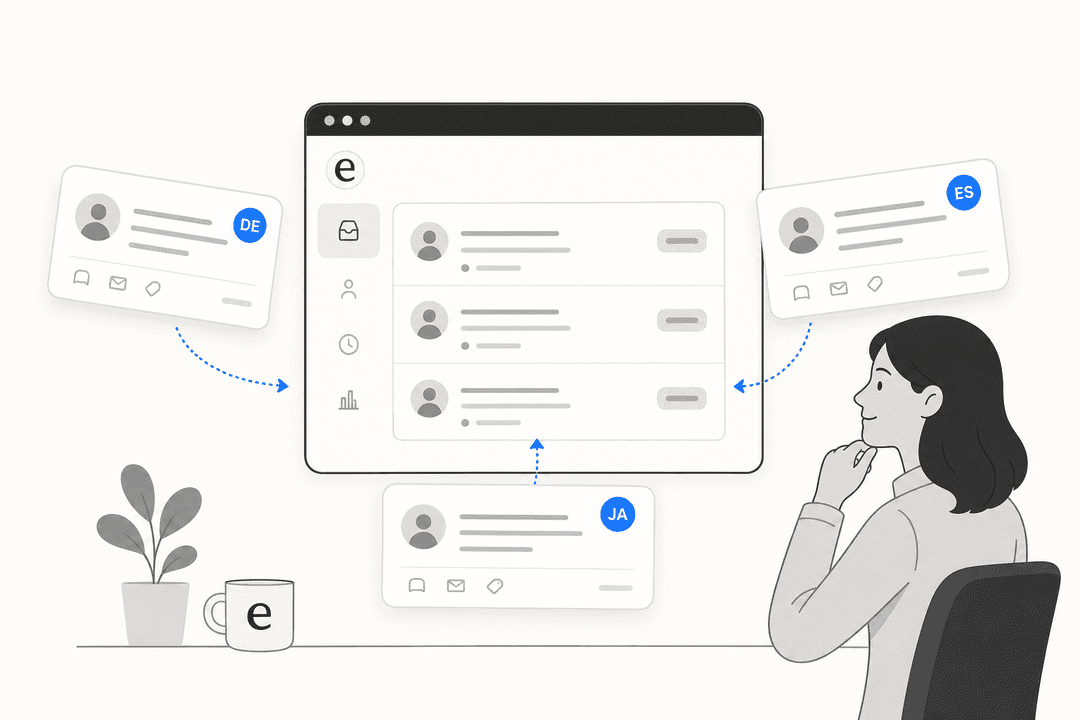 Support dashboard with multilingual ticket cards showing DE, JA, and ES language badges
