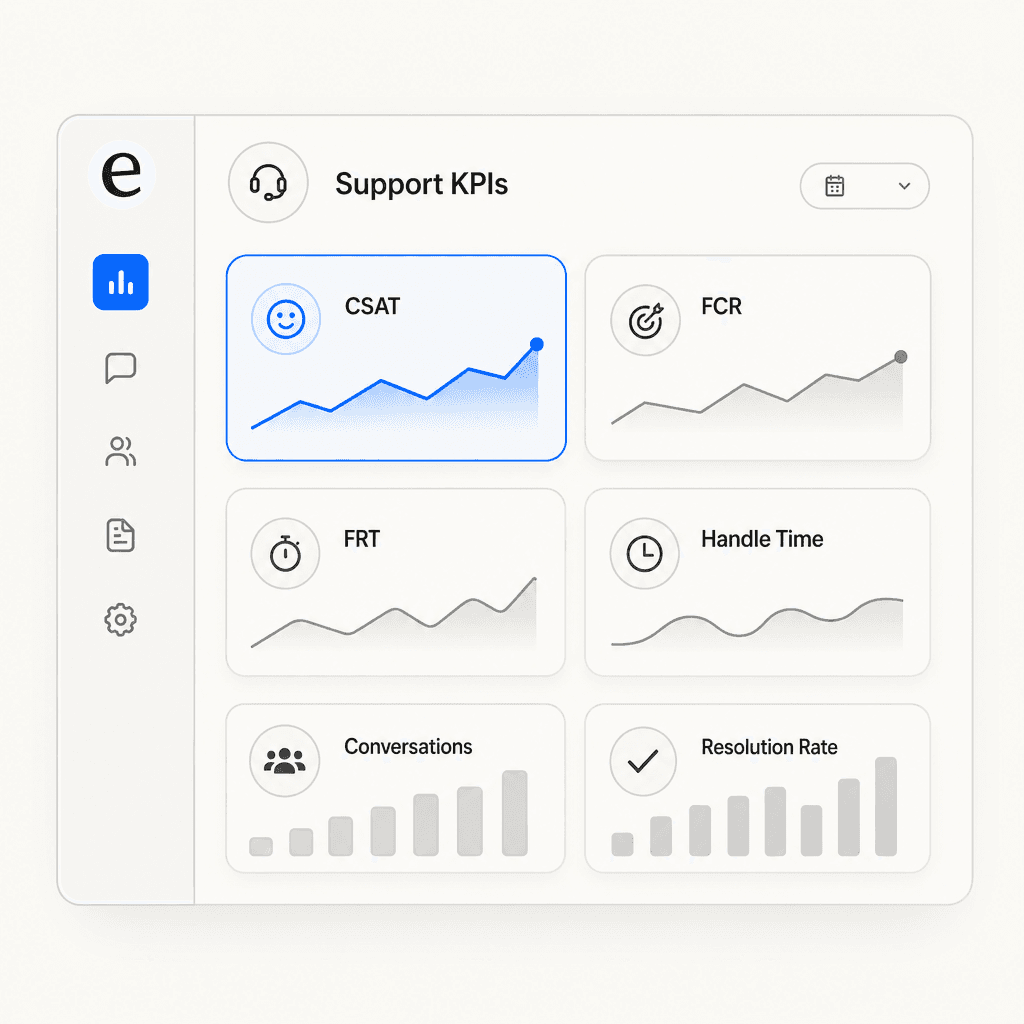 Support team KPI dashboard showing CSAT, FCR, FRT, and handle time metric cards