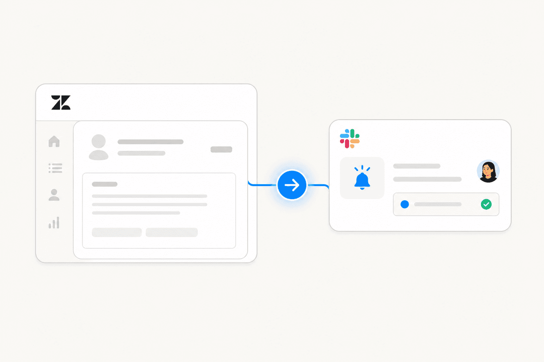 Zendesk ticket card connected to a Slack notification alert with a blue directional arrow