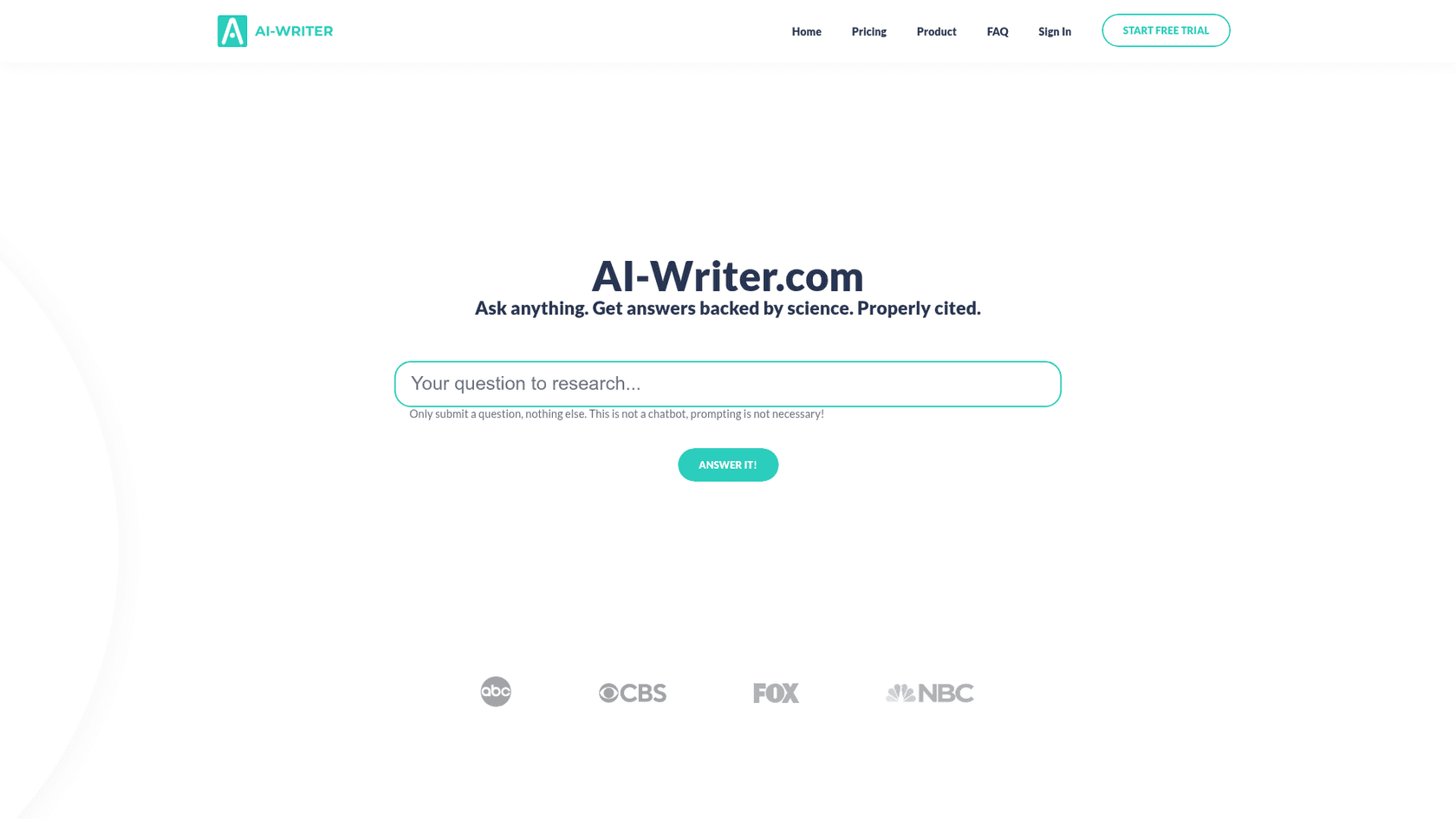 A screenshot of the AI-Writer.com website, an AI writer that provides verifiable citations.