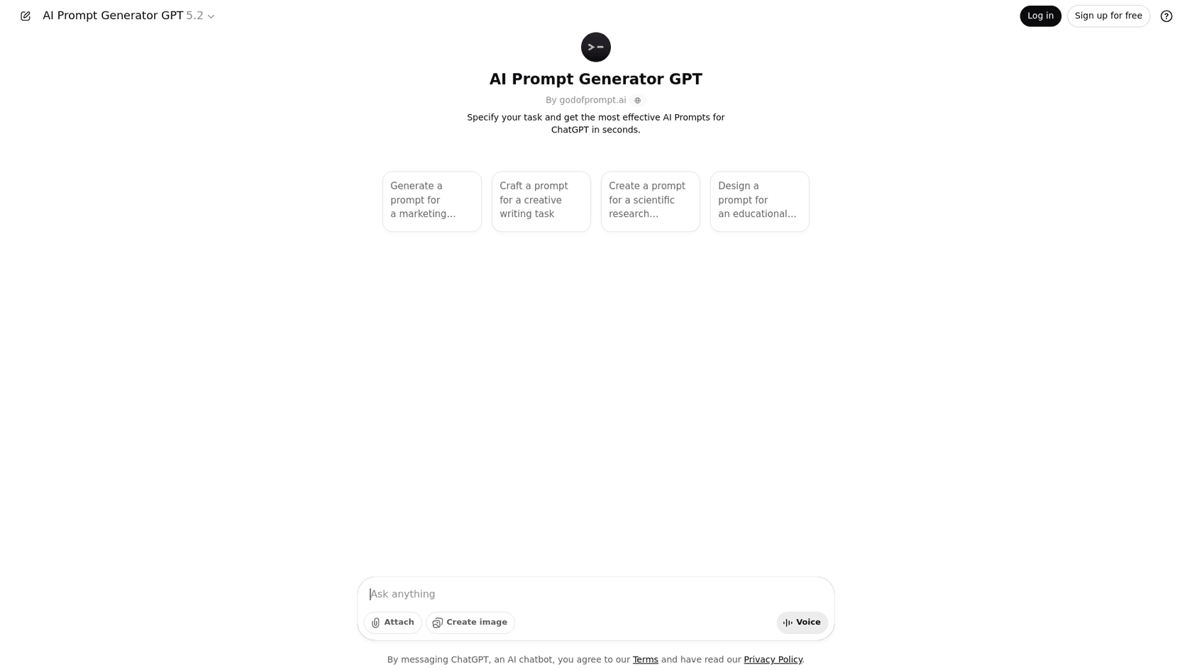 Example existing third-party AI Prompt Generator GPT welcome screen in ChatGPT, with prompt suggestions and a message box; this does not demonstrate new personal-GPT creation or model availability