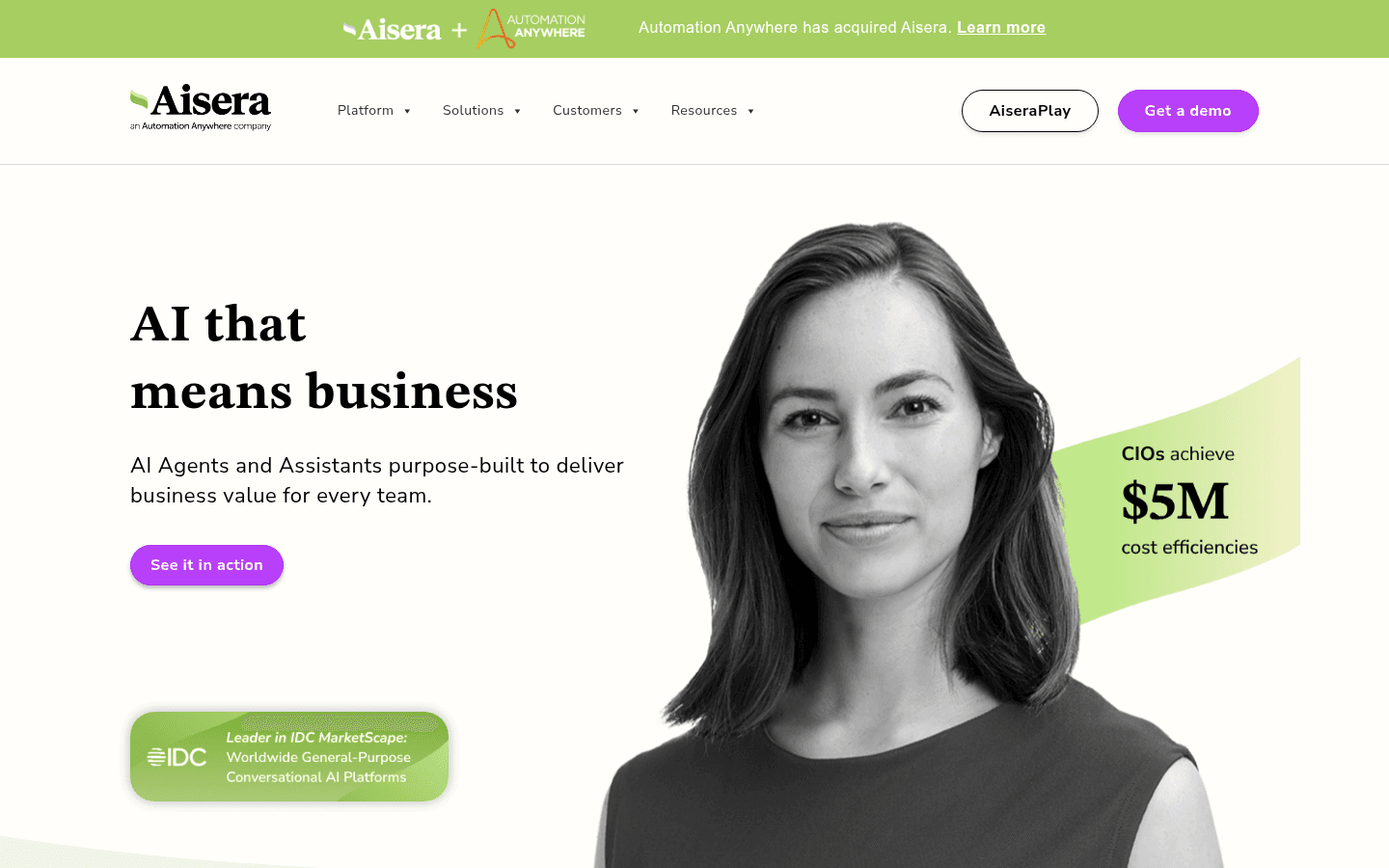 Aisera homepage positioning the agentic AI platform for enterprise