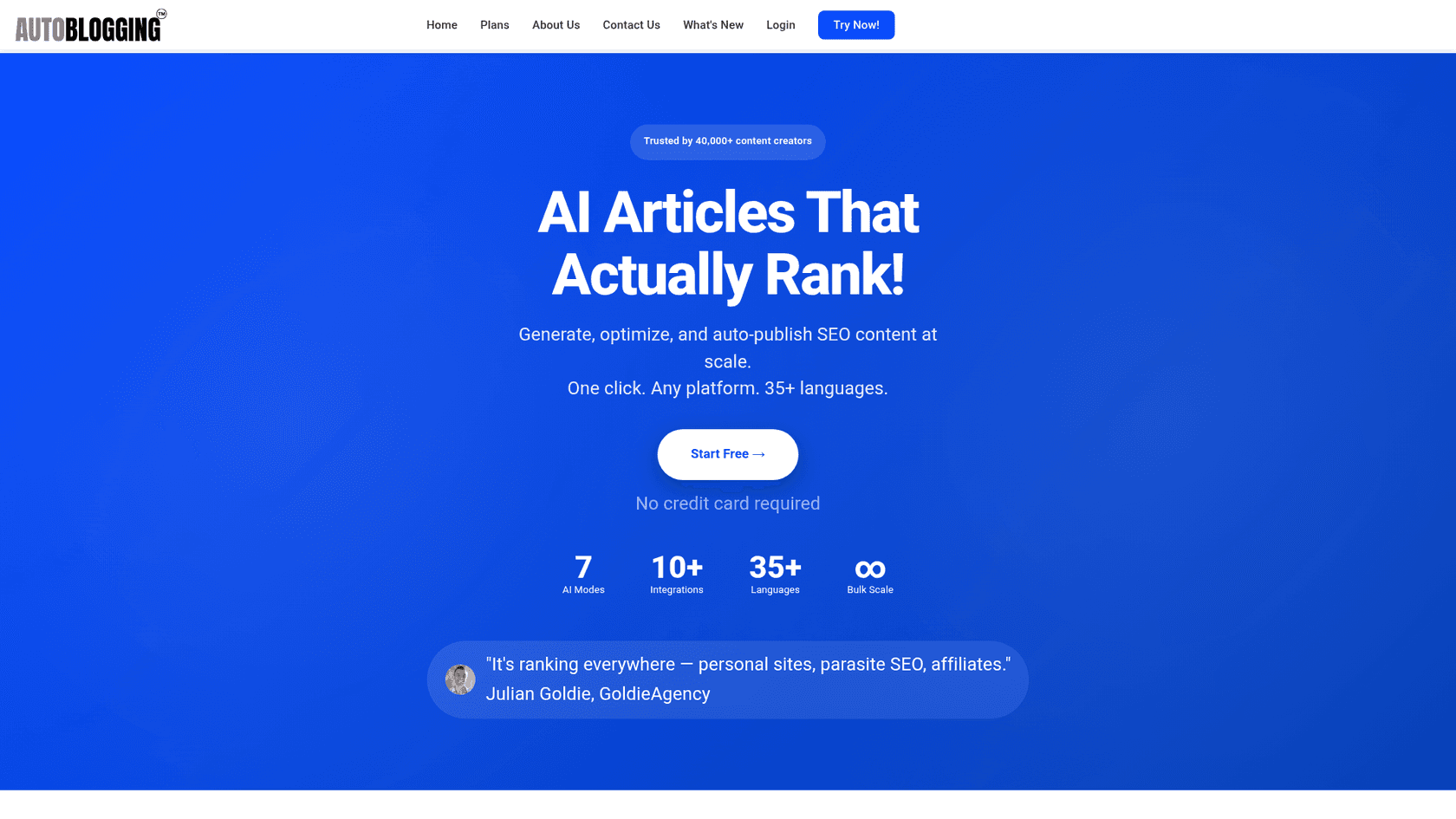 A screenshot of the Autoblogging.ai homepage, a platform for bulk AI blogging.
