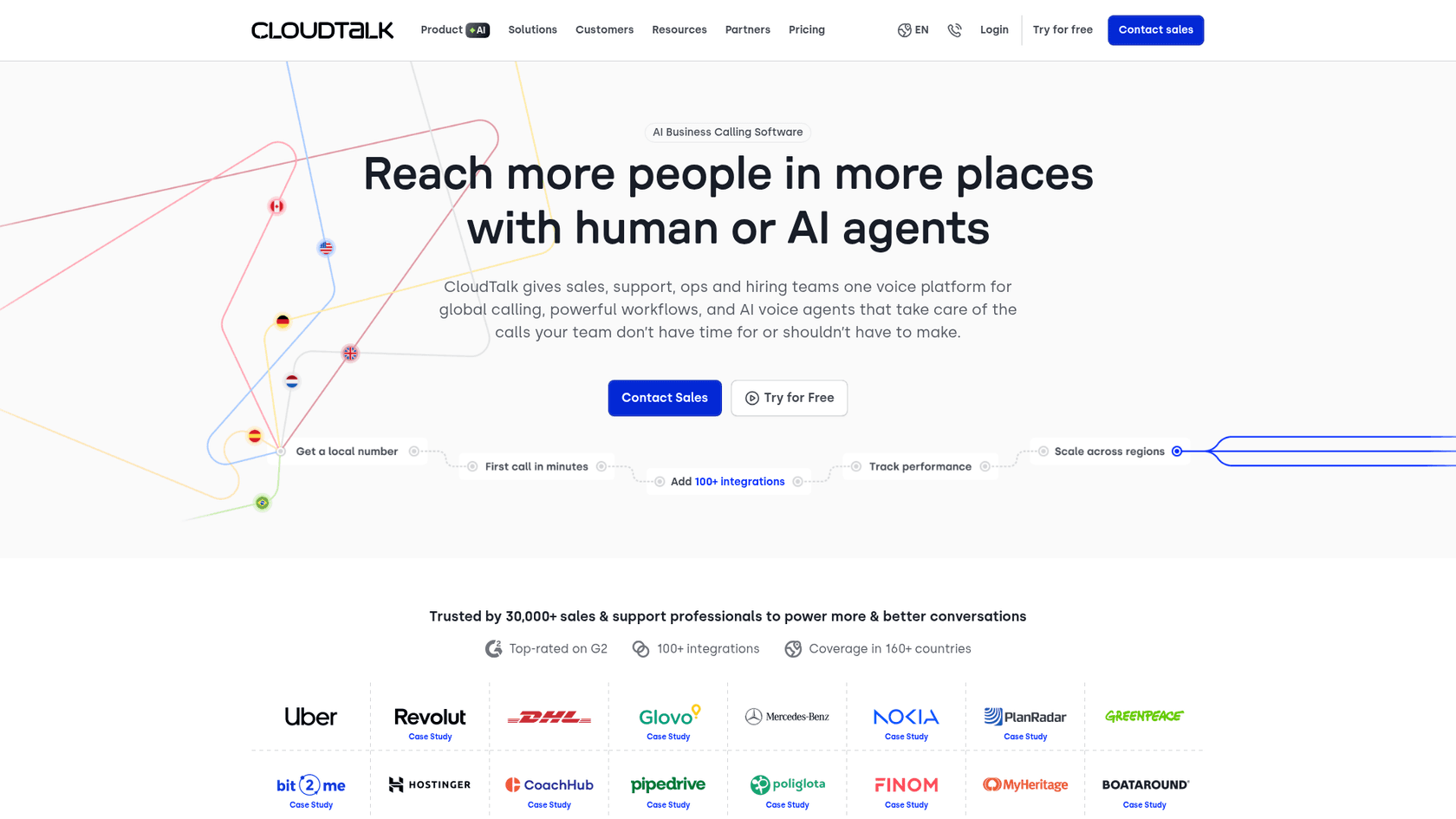 CloudTalk landing page with product overview and key features