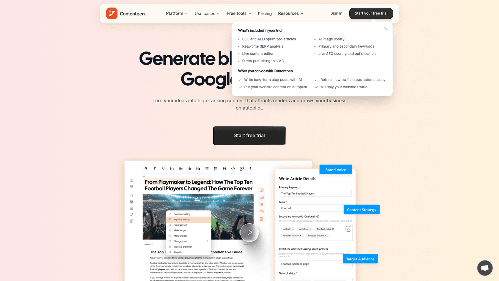 A screenshot of the Contentpen.ai homepage, an AI writer with a tiered AI blog writer cost for teams.