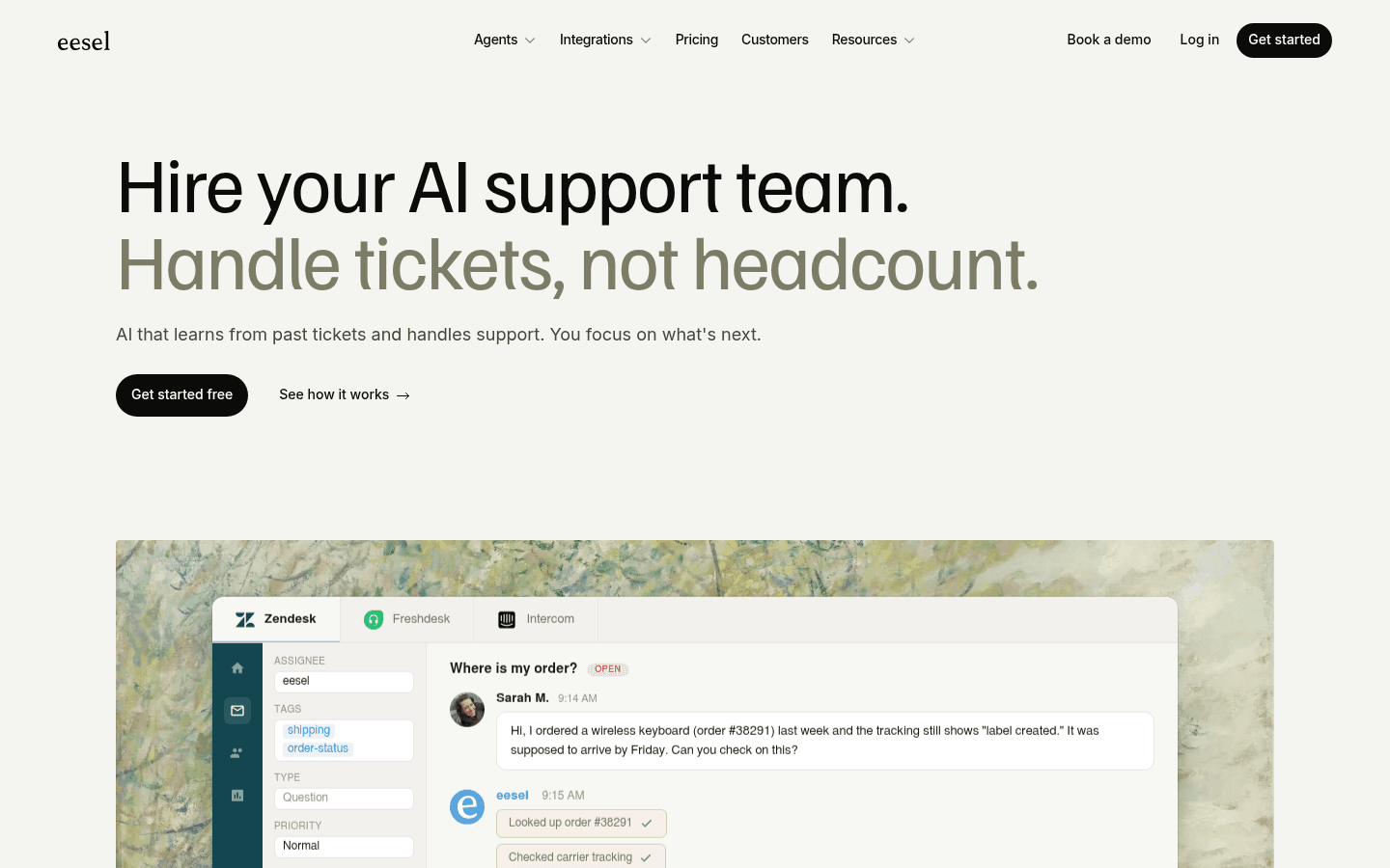 eesel AI agent product page showing knowledge base integration and auto-article generation