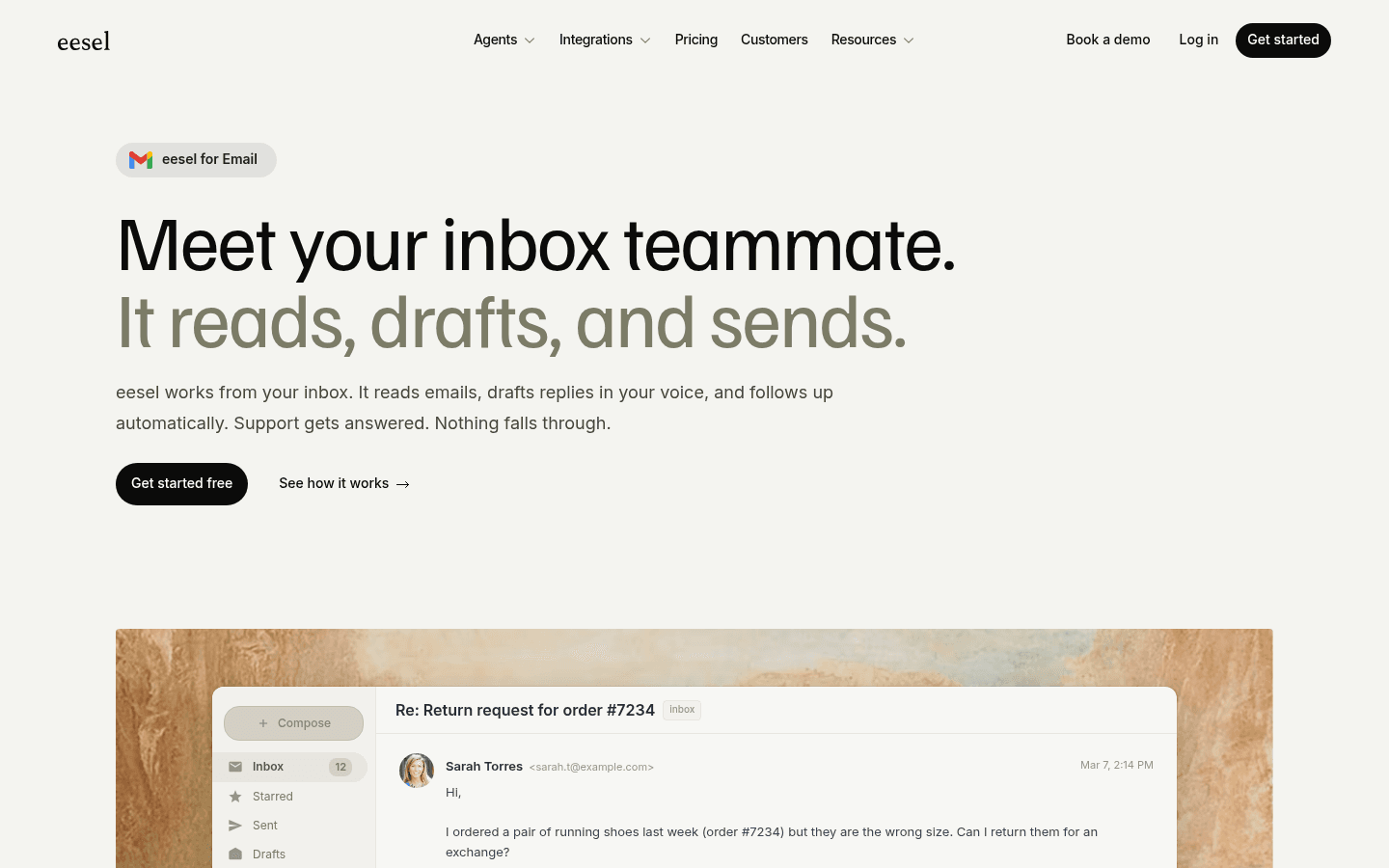 eesel AI email integration page showing automated email handling features