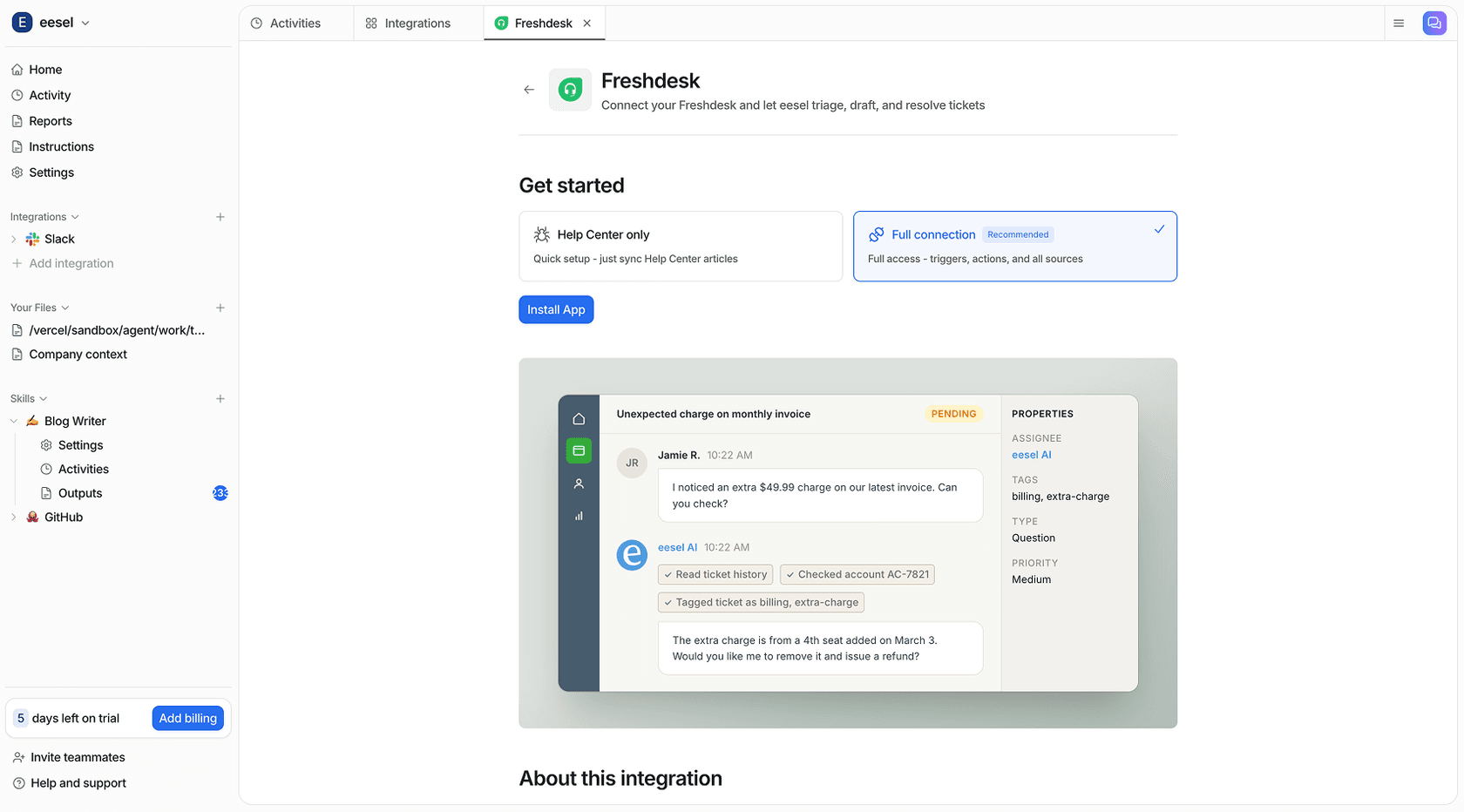 eesel AI Freshdesk integration view showing connected helpdesk and ticket handling panel