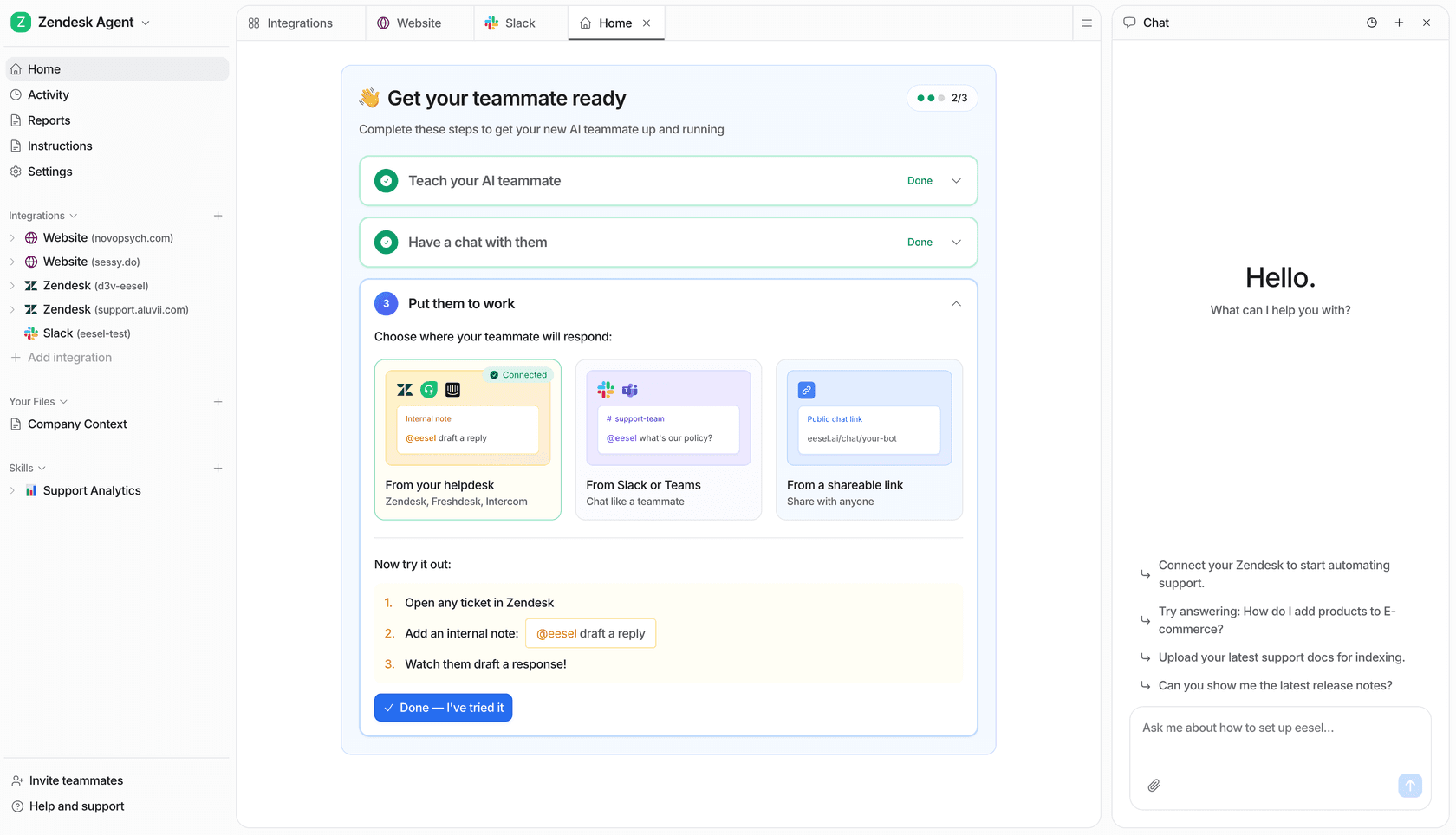 eesel AI home dashboard showing active AI agents, ticket handling activity, integrations, and real-time performance metrics
