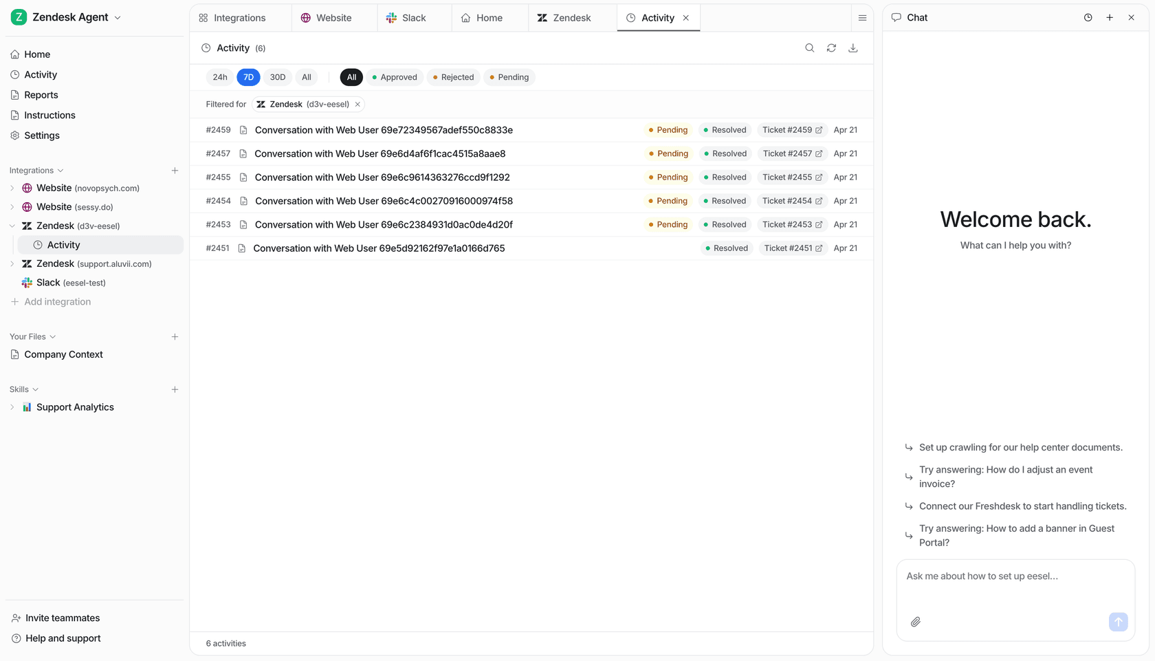 eesel AI Zendesk integration dashboard showing automated ticket responses, agent activity feed, and AI resolution statistics