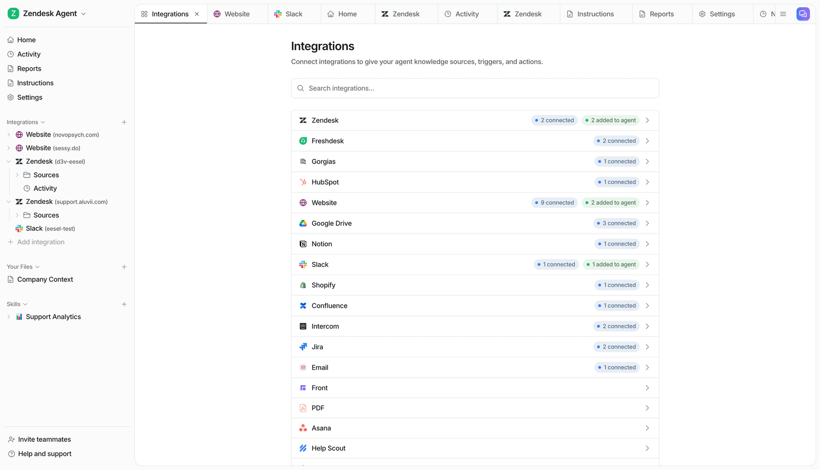 eesel AI integrations page showing connected helpdesks and knowledge sources
