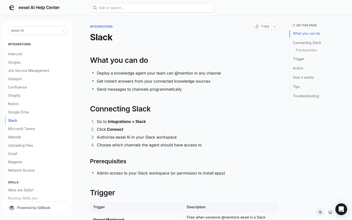 eesel AI Slack integration setup documentation showing OAuth flow and channel configuration