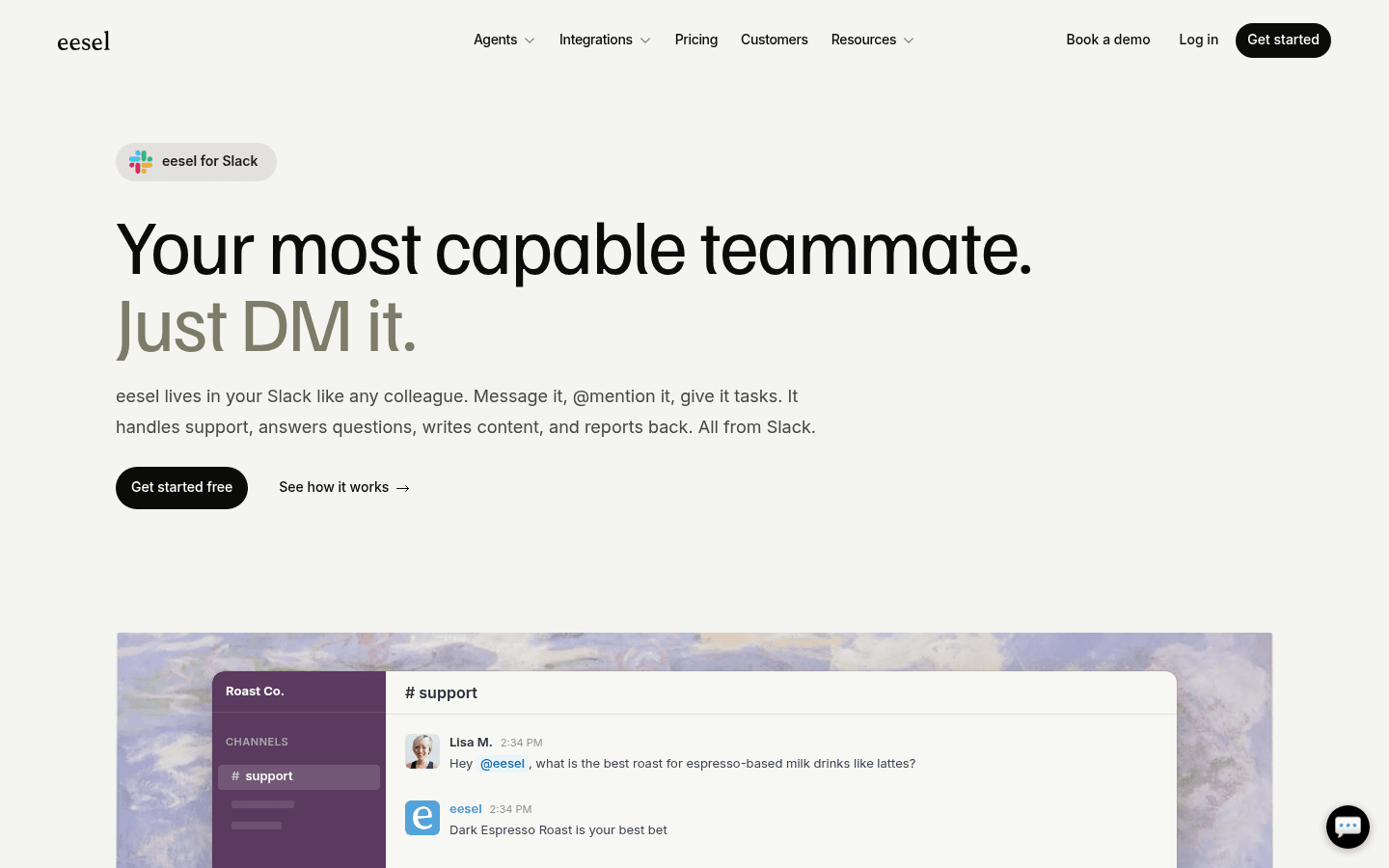 eesel AI's Slack integration page showing IT support capabilities and customer metrics