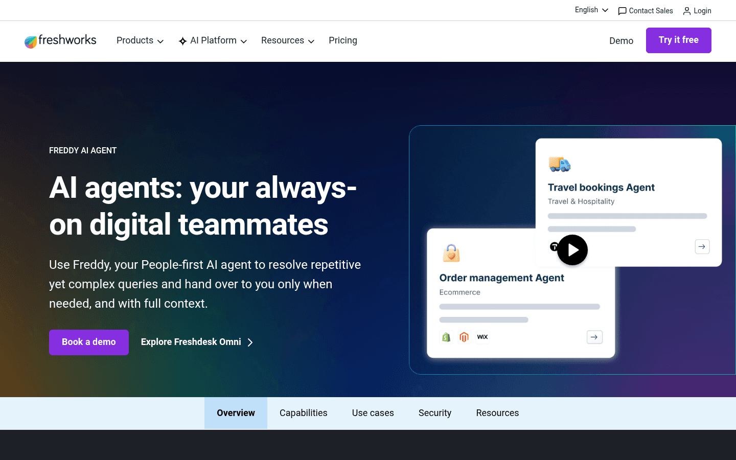 Freshdesk Freddy AI Agent product page showing key features and performance statistics