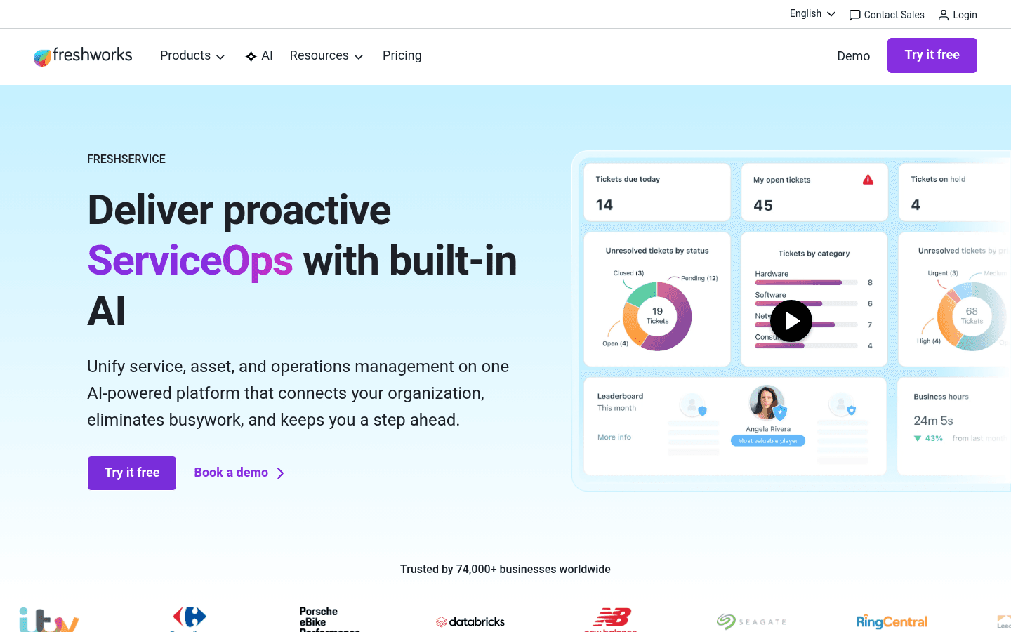 A screenshot of the Freshservice website homepage, presented as an intuitive and popular option among free ServiceNow AI alternatives.
