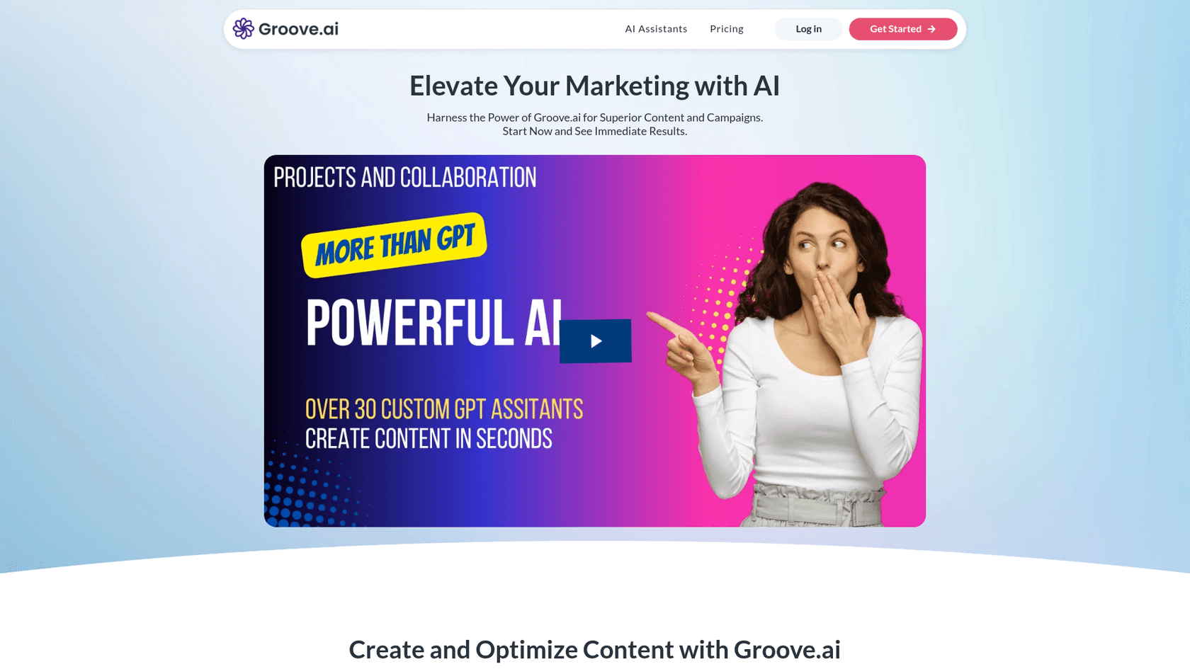 Groove.ai landing page showing the AI content creation platform interface.