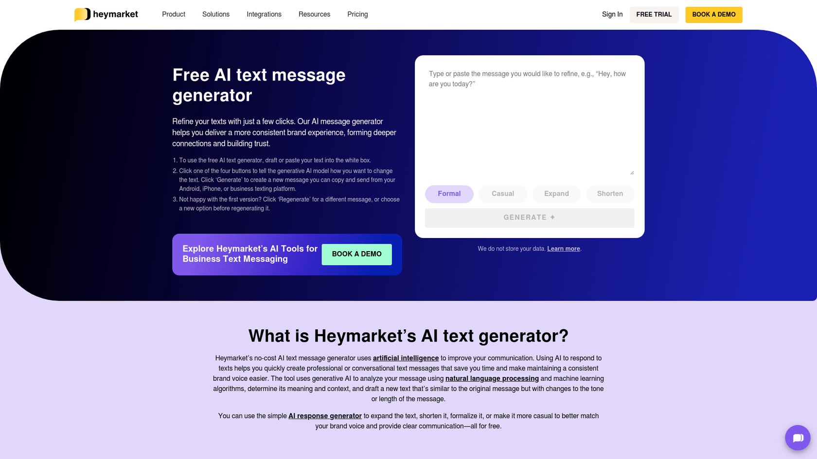 A screenshot of the Heymarket AI text generator landing page, a free tool for refining business text messages.