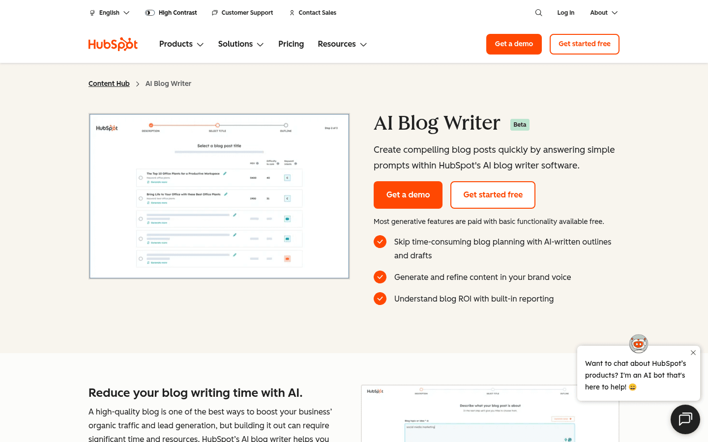 HubSpot AI blog writer - free tool with integrated CMS