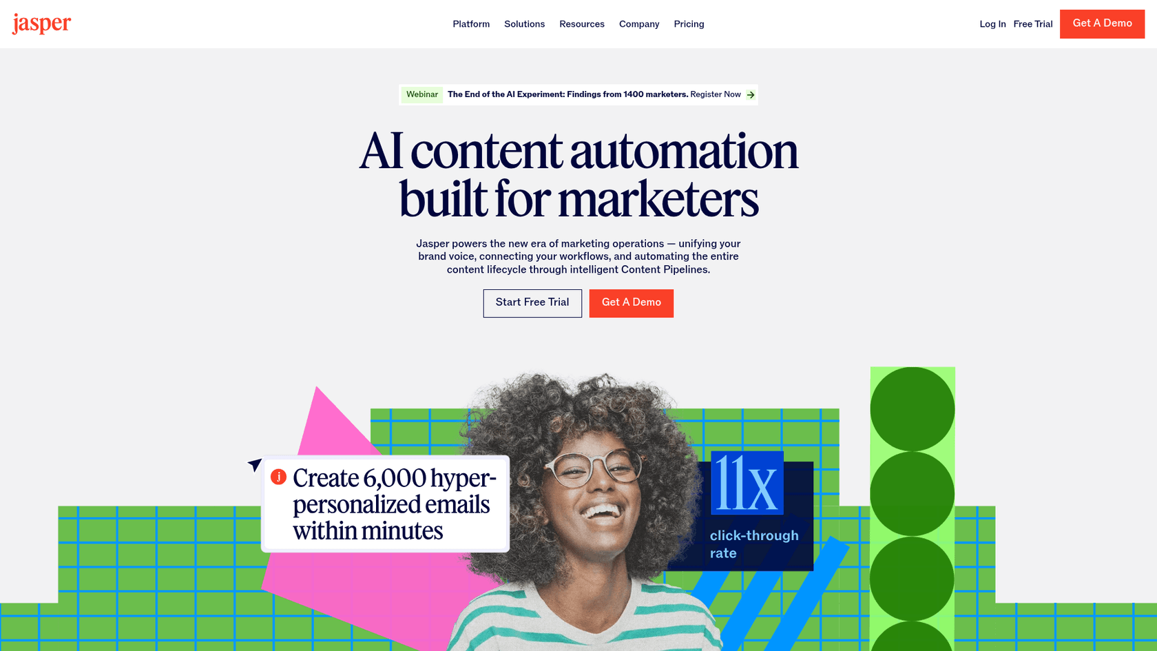 A screenshot of the Jasper AI homepage, a platform useful for different types of tones in writing.