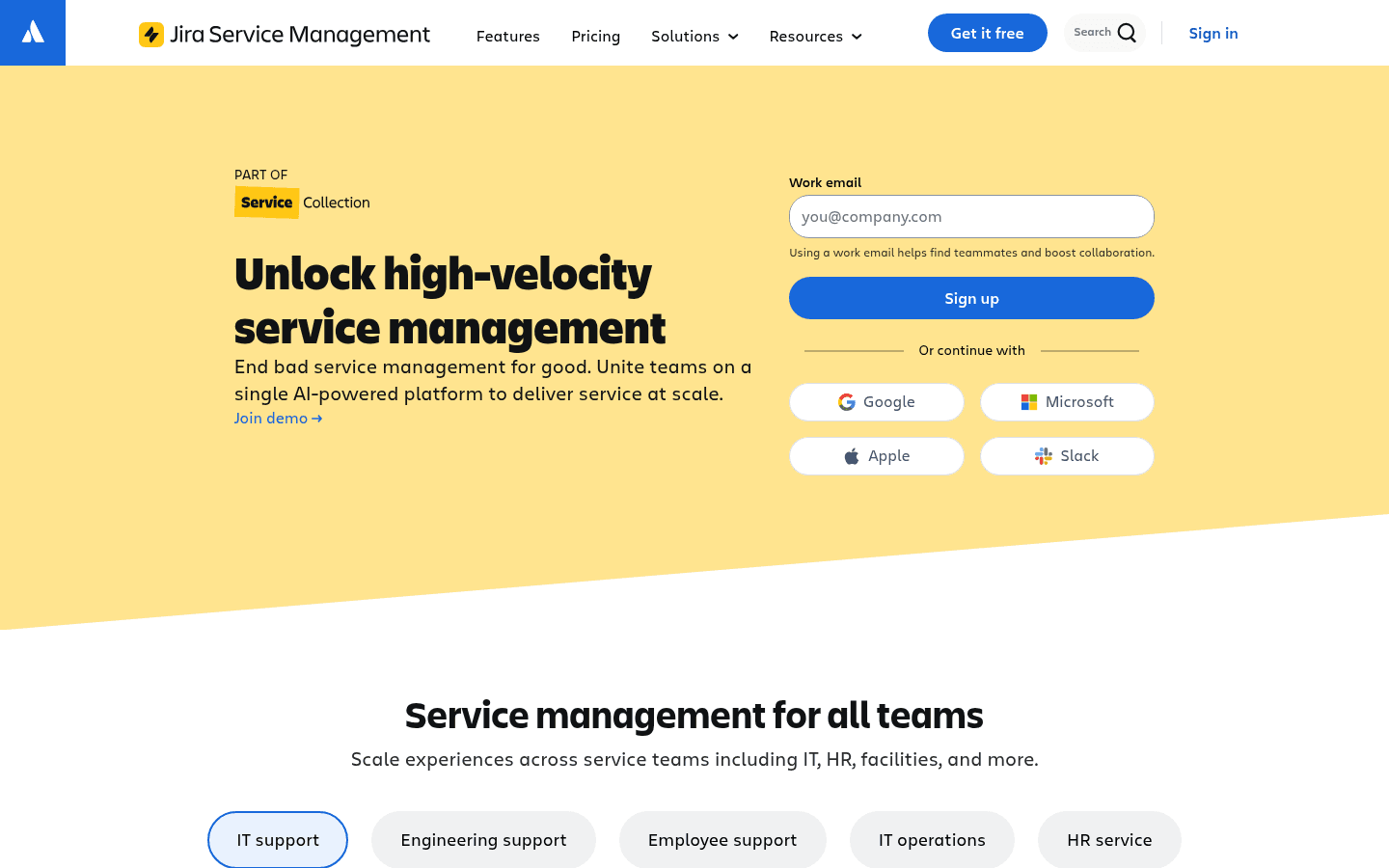 A screenshot of the Jira Service Management landing page, highlighted as a leading option among free ServiceNow AI alternatives, especially for teams in the Atlassian ecosystem.