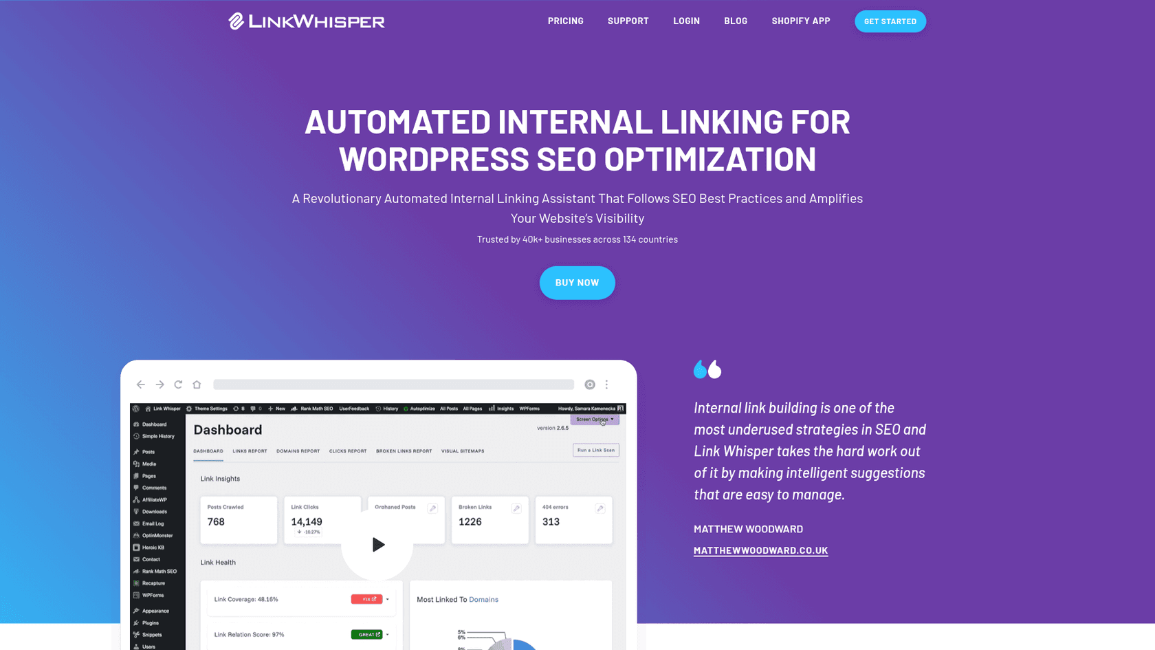 A screenshot of the homepage for Link Whisper, a popular WordPress plugin for internal linking.