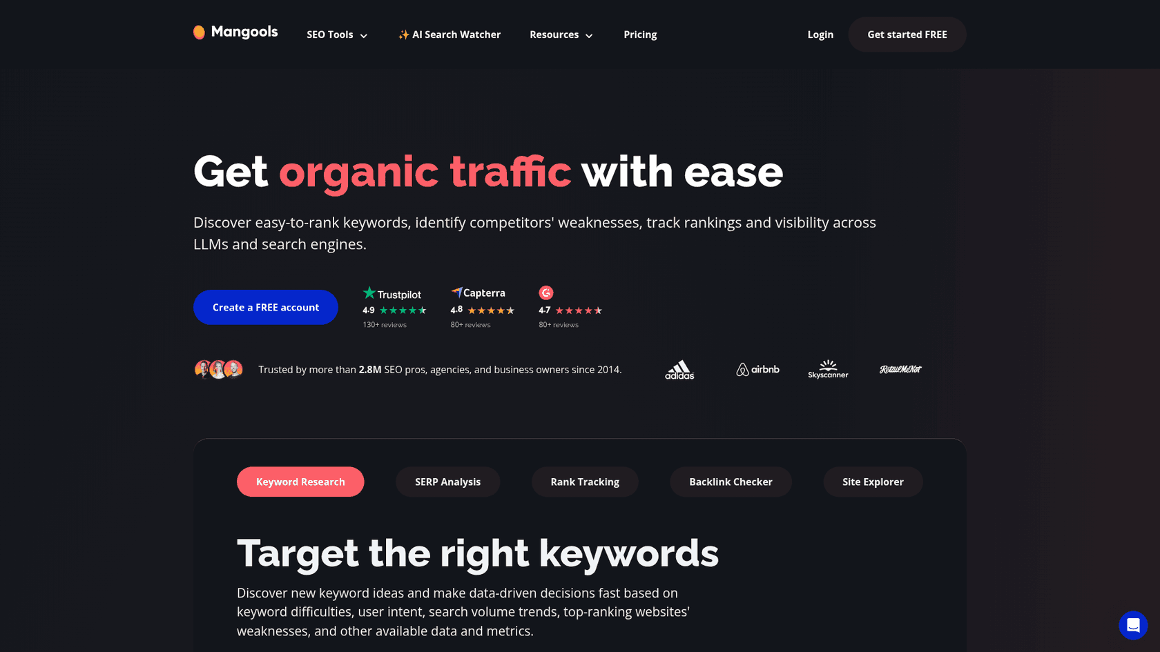 A screenshot of the Mangools homepage, highlighting its suite of accessible SERP analysis tools, including SERPChecker.