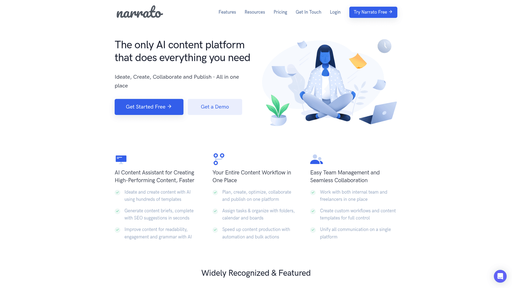 Narratoのホームページのスクリーンショット。AIブログライターテンプレートを含むオールインワン・プラットフォームを示している。