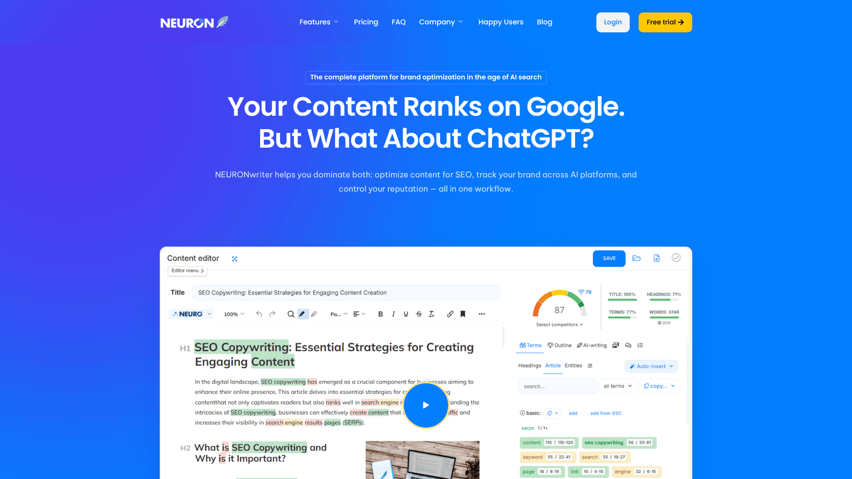 A screenshot of the NEURONwriter homepage, an AI-powered content optimization tool.
