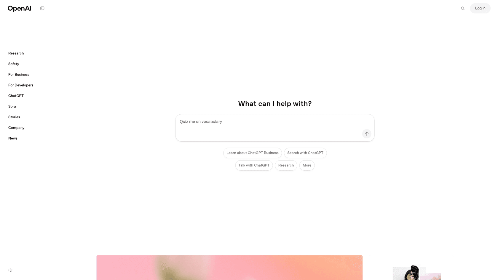 A screenshot of the ChatGPT website, a key tool in the ChatGPT vs Surfer SEO comparison for content creation.